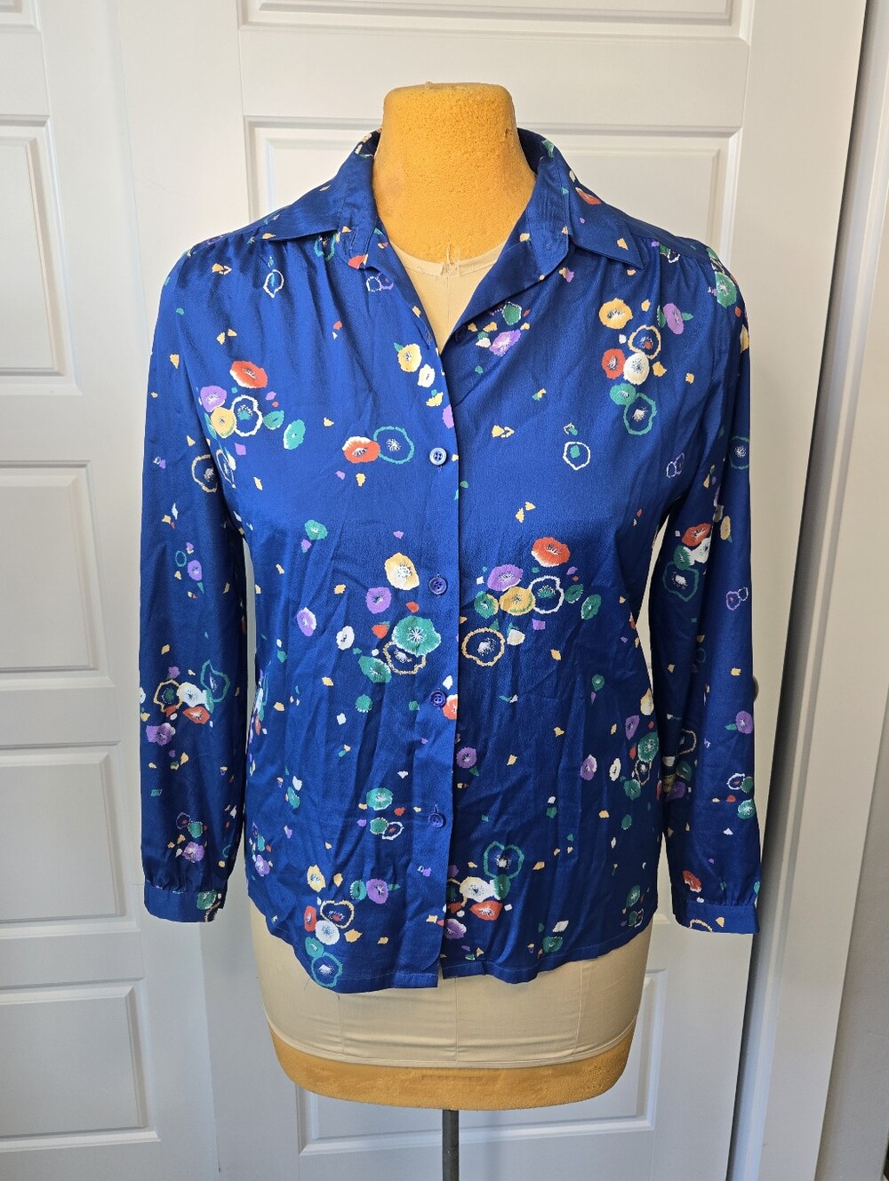 VINTAGE JAMES KENROB BY DALTON BLUE BUTTON UP FLORAL BLOUSE TOP WOMEN 16 FLOWER
